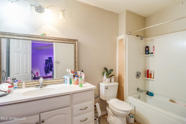 full bathroom with vanity,  shower combination, and toilet