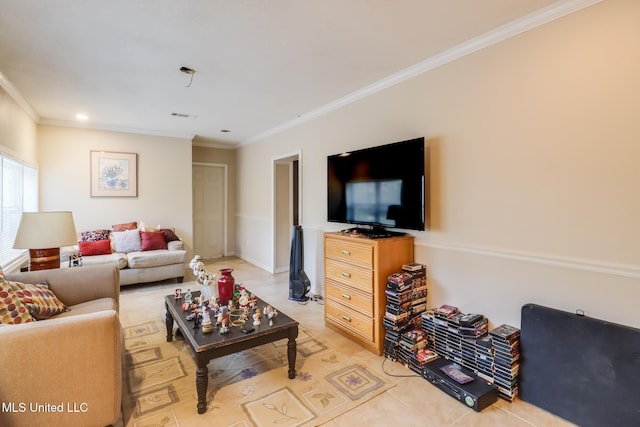 tiled living room featuring ornamental molding