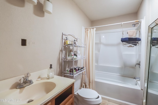 full bathroom featuring vanity, shower / bath combination with curtain, and toilet