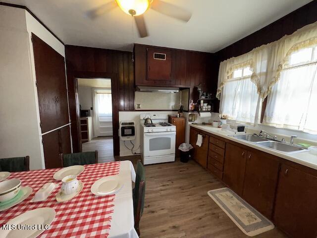 kitchen featuring heating unit, a wealth of natural light, white range with gas stovetop, and sink