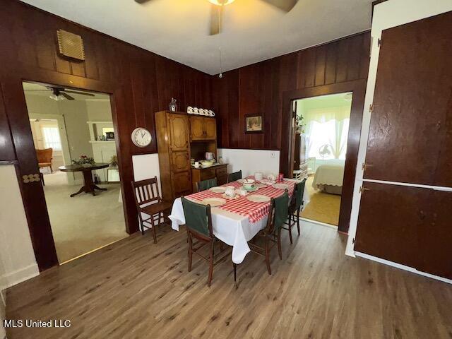 dining room featuring wood walls, ceiling fan, and wood-type flooring