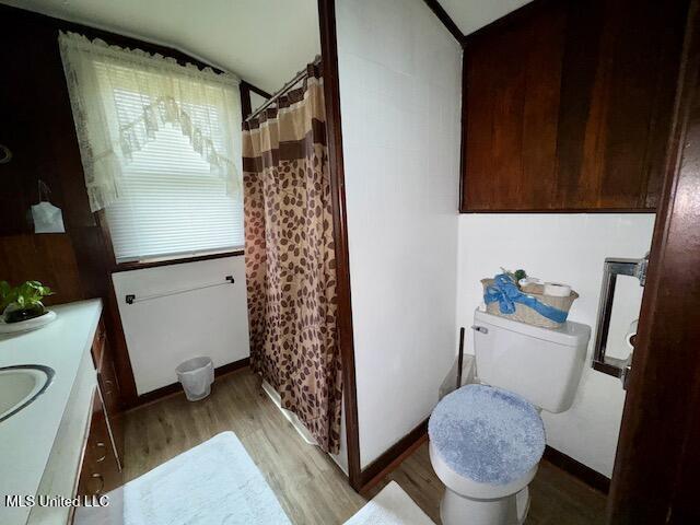 bathroom with lofted ceiling, vanity, toilet, walk in shower, and hardwood / wood-style flooring