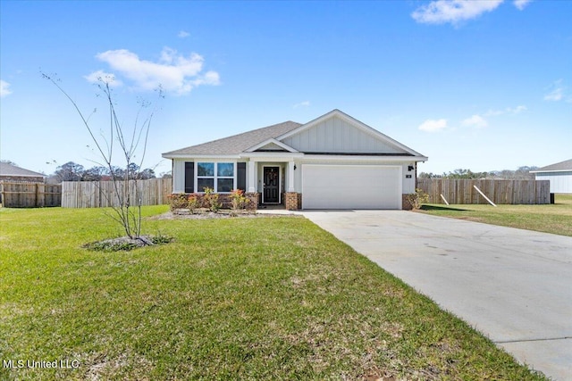 view of front of house with concrete driveway, a garage, board and batten siding, and a front yard