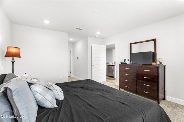 bedroom featuring recessed lighting, baseboards, light carpet, and visible vents