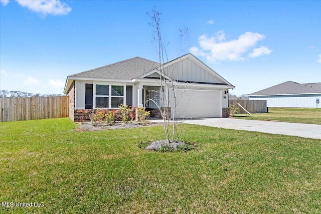 view of front of property with fence, board and batten siding, concrete driveway, a garage, and brick siding