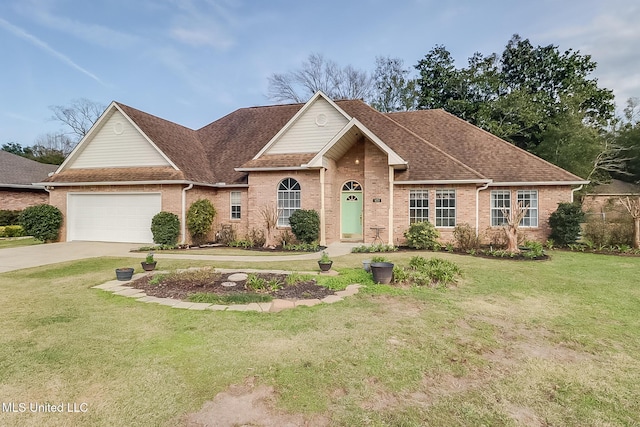 single story home featuring an attached garage, brick siding, concrete driveway, roof with shingles, and a front lawn