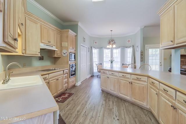 kitchen with stainless steel appliances, light countertops, under cabinet range hood, pendant lighting, and a sink