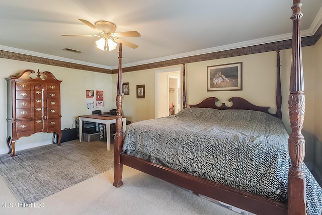 bedroom featuring ornamental molding, visible vents, carpet floors, and a ceiling fan