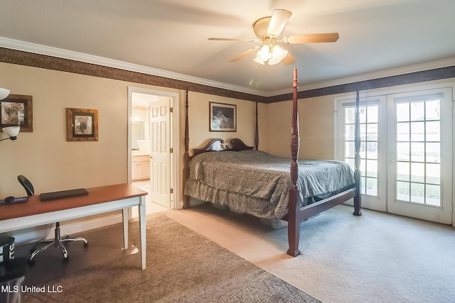 bedroom featuring access to exterior, light carpet, crown molding, and ensuite bathroom