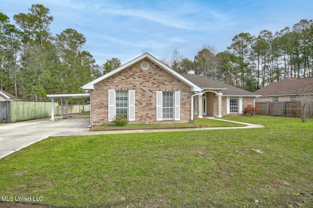 ranch-style home with brick siding, concrete driveway, a front yard, and fence