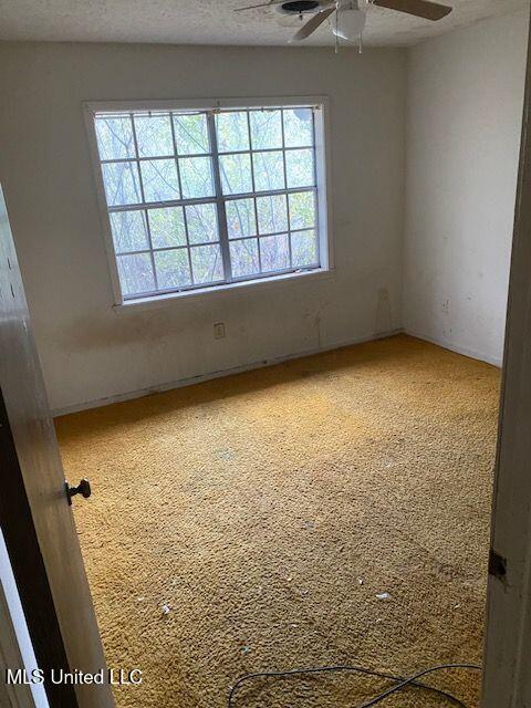 carpeted empty room with ceiling fan and a textured ceiling