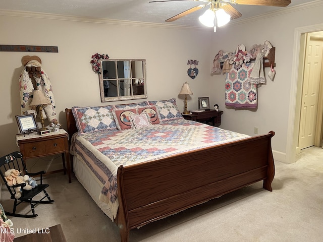 420 Fox Bay Dr, Brandon, MS 39047 - bedroom with light colored carpet, ornamental molding, baseboards, and ceiling fan