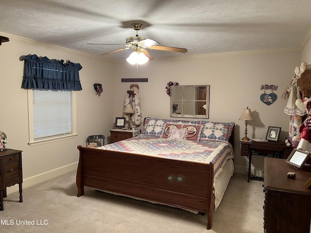 420 Fox Bay Dr, Brandon, MS 39047 - bedroom featuring light colored carpet, baseboards, a textured ceiling, crown molding, and a ceiling fan