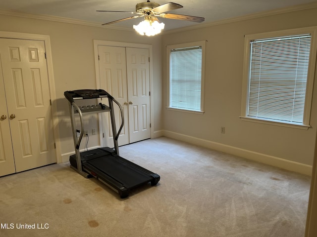 420 Fox Bay Dr, Brandon, MS 39047 - exercise area with light carpet, crown molding, baseboards, and ceiling fan
