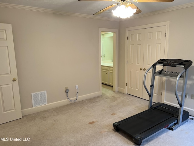 420 Fox Bay Dr, Brandon, MS 39047 - workout area with ceiling fan, light carpet, baseboards, and ornamental molding