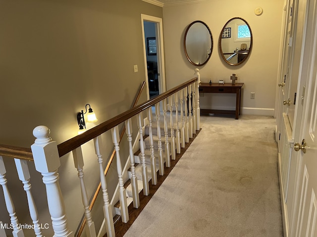 420 Fox Bay Dr, Brandon, MS 39047 - corridor with crown molding, an upstairs landing, carpet, and baseboards