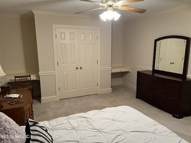 420 Fox Bay Dr, Brandon, MS 39047 - bedroom featuring light colored carpet, a closet, ceiling fan, ornamental molding, and baseboards