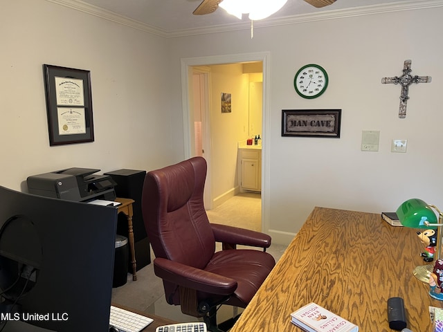 420 Fox Bay Dr, Brandon, MS 39047 - carpeted office space with crown molding, a ceiling fan, and baseboards
