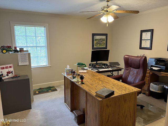 420 Fox Bay Dr, Brandon, MS 39047 - office featuring ceiling fan, crown molding, light carpet, and baseboards