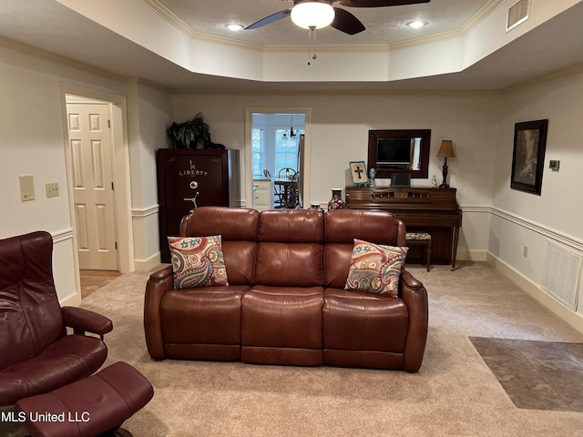 420 Fox Bay Dr, Brandon, MS 39047 - living room featuring a raised ceiling, ornamental molding, carpet floors, a ceiling fan, and recessed lighting