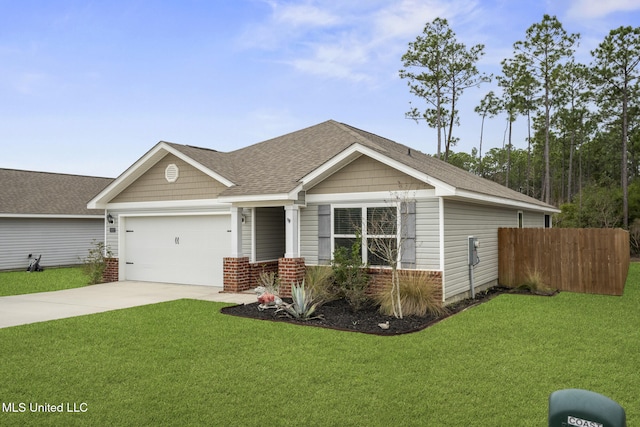 view of front of home with brick siding, a shingled roof, concrete driveway, an attached garage, and a front yard