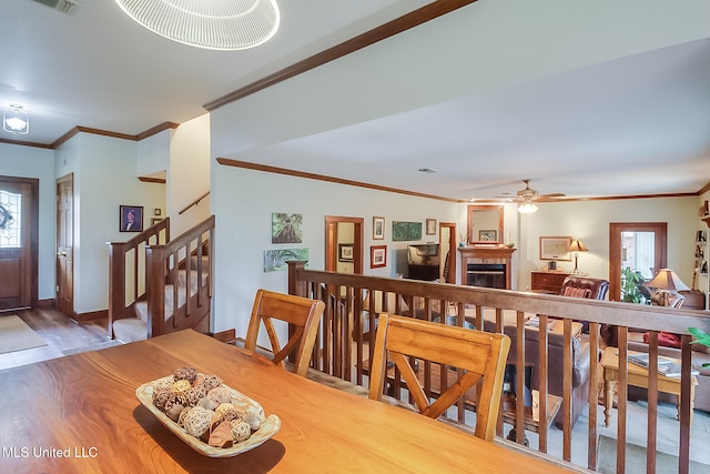 dining space featuring hardwood / wood-style floors, ornamental molding, a fireplace, and a wealth of natural light