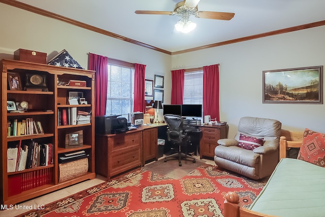 tiled office space featuring ceiling fan, a healthy amount of sunlight, and ornamental molding