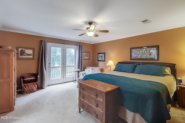 bedroom featuring access to exterior, light carpet, ceiling fan, and ornamental molding