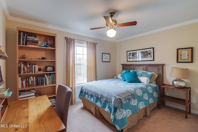 carpeted bedroom with ceiling fan and ornamental molding