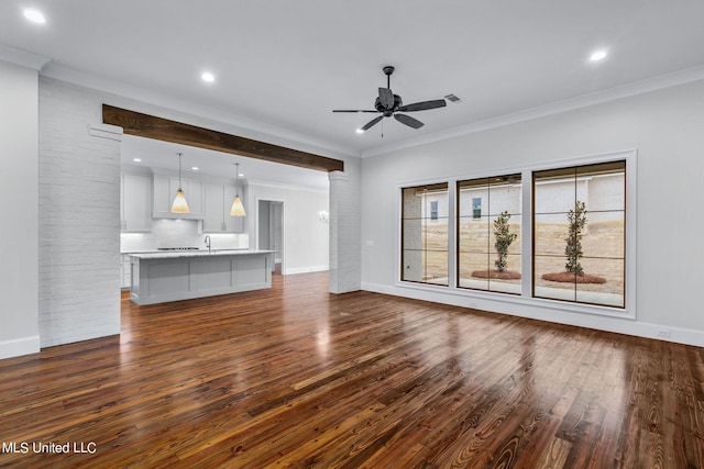 753 Northridge Trl, Brandon, MS 39047 - unfurnished living room with a ceiling fan, recessed lighting, crown molding, and dark wood-style floors