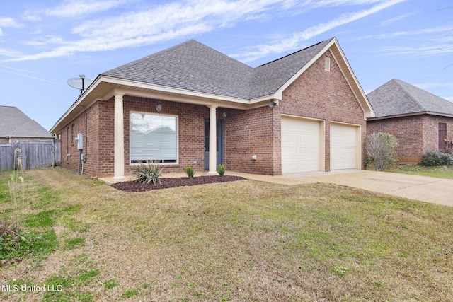 single story home with brick siding, a shingled roof, an attached garage, a front yard, and fence