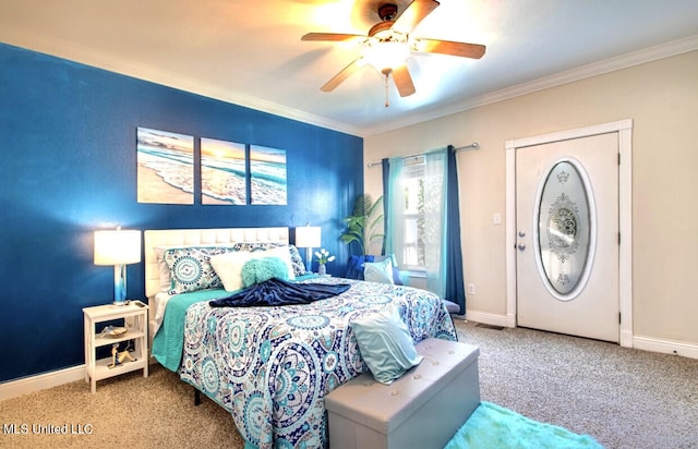 bedroom with crown molding, light colored carpet, and ceiling fan