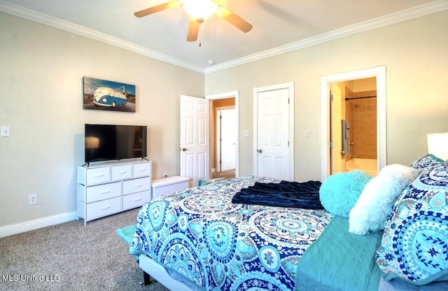 bedroom featuring ornamental molding, ensuite bathroom, carpet flooring, and ceiling fan