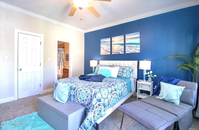 bedroom featuring ceiling fan, crown molding, and carpet floors