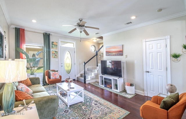 living room with dark wood-type flooring, crown molding, and ceiling fan