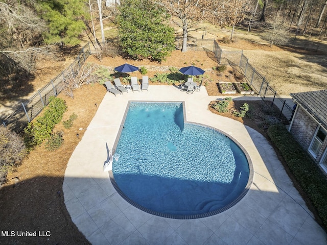 view of pool featuring fence, a fenced in pool, and a patio