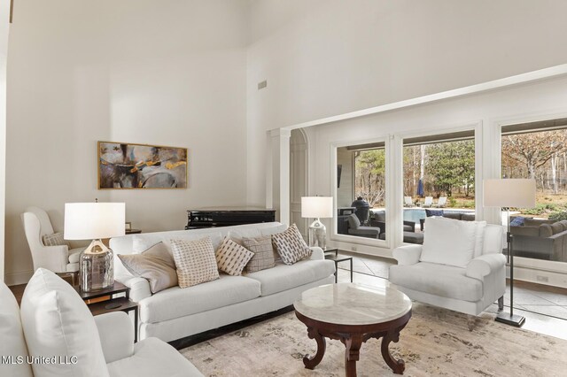 living area featuring a towering ceiling