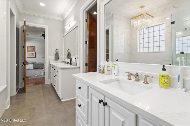 bathroom featuring a walk in shower, ensuite bathroom, recessed lighting, vanity, and ornamental molding