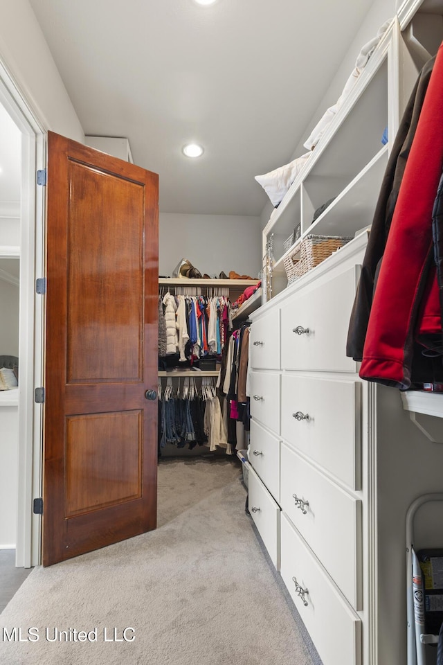 walk in closet featuring light colored carpet