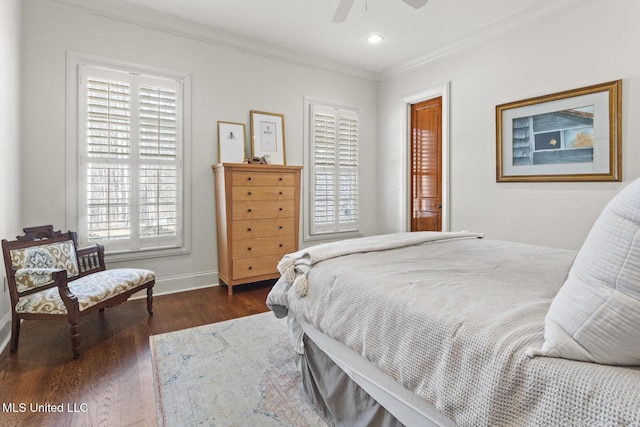 bedroom featuring crown molding, recessed lighting, ceiling fan, wood finished floors, and baseboards