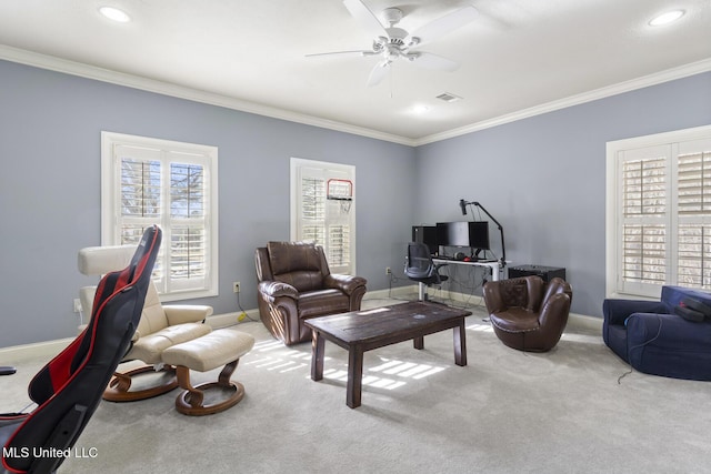 carpeted living area featuring recessed lighting, visible vents, ornamental molding, a ceiling fan, and baseboards