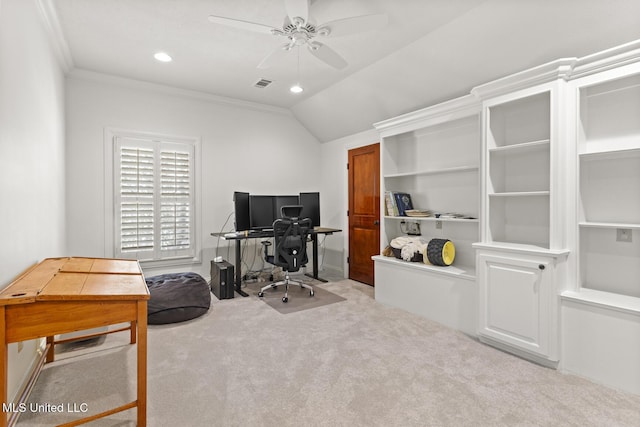 carpeted office space with visible vents, a ceiling fan, lofted ceiling, ornamental molding, and recessed lighting