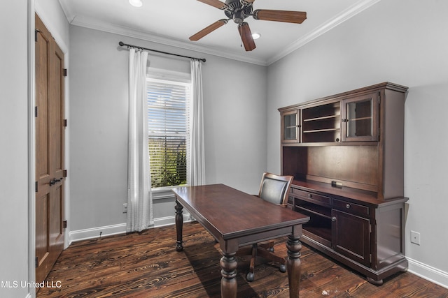 office featuring ceiling fan, ornamental molding, and dark hardwood / wood-style flooring