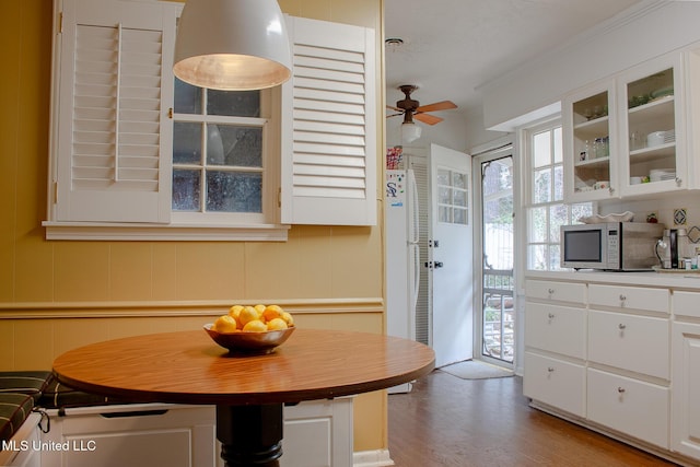 kitchen featuring ceiling fan, wood finished floors, white cabinetry, stainless steel microwave, and glass insert cabinets