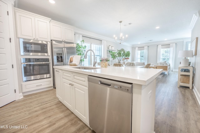 kitchen featuring appliances with stainless steel finishes, white cabinets, sink, and a center island with sink