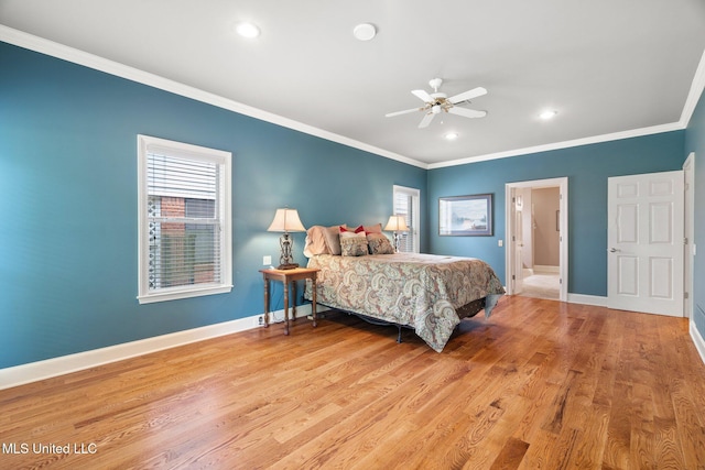 bedroom with ornamental molding, baseboards, light wood-style floors, recessed lighting, and ceiling fan