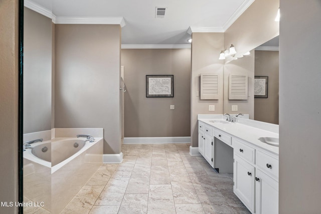 bathroom featuring crown molding, a bath, double vanity, baseboards, and a shower
