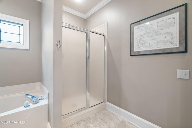 full bath with ornamental molding, a stall shower, marble look tiles, a garden tub, and baseboards