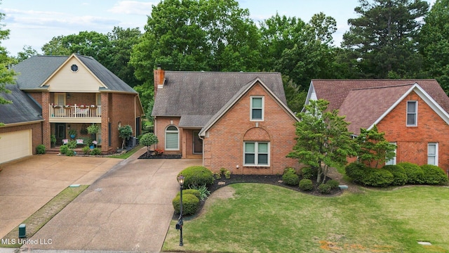 view of front of property featuring brick siding, driveway, a balcony, and a front yard