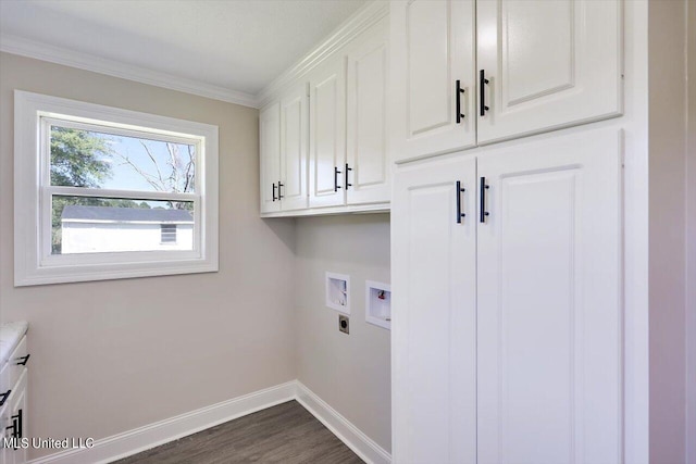 laundry area with cabinets, dark wood-type flooring, washer hookup, ornamental molding, and hookup for an electric dryer